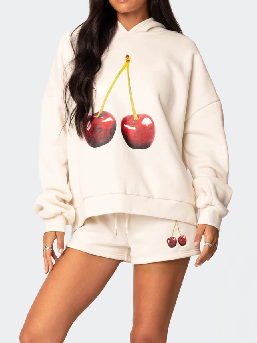 Women Hoodie Long Sleeve Cherry Print Hooded Sweatshirt Pullover Fall Casual Tops