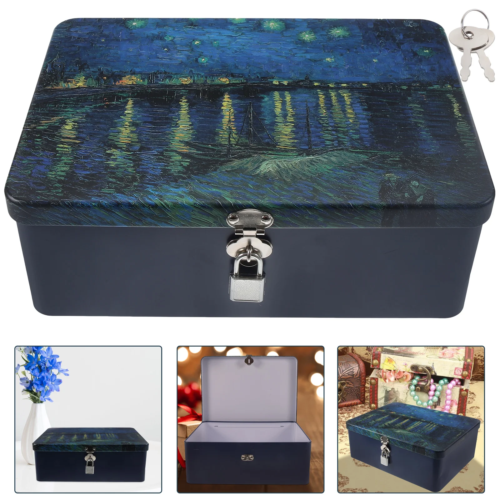 Storage Box with Lock Wedding Candy Tins Desk Organizer Tinplate Container Crate File Case Document