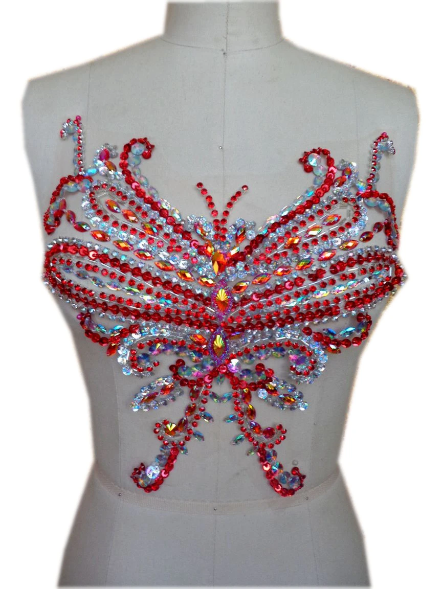 

hand made dazzling red/clear AB colour sew on Rhinestones applique Butterfly shape crystals patches 30*27cm dress accessory