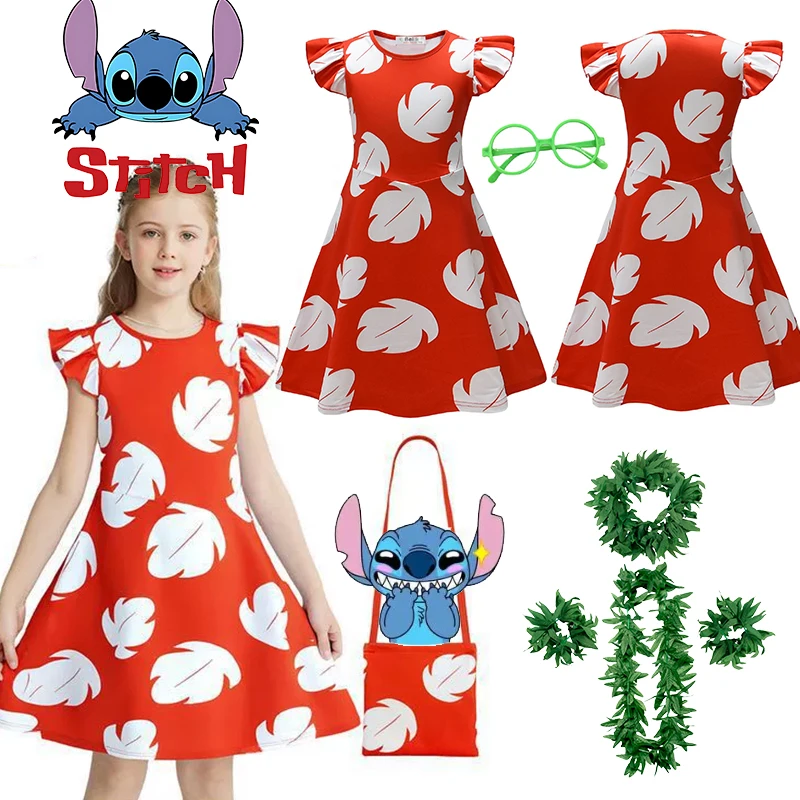 

Disney Anime Lilo&Stitch Cartoon Dress for Girls Summer Hawaiian Red Leaf Print Kids Cosplay Knee Length Flying Sleeves Dresses