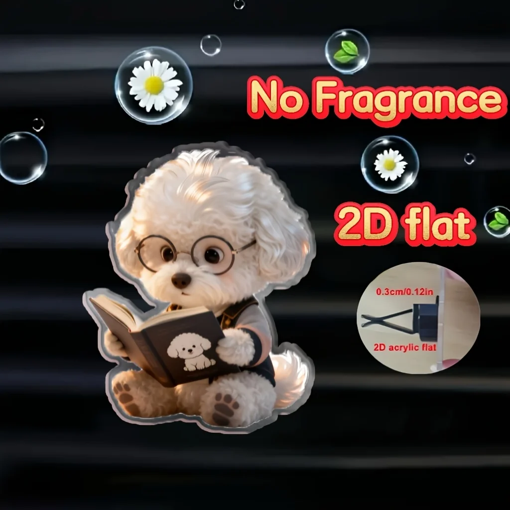 

A 2D Flat Acrylic Car Air Freshener Decoration Featuring a BicFrise Dog Wearing Black-Framed Glasses