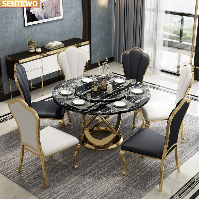 Designer Luxury round dinning Marble Rock Slab dining table set 6 chairs mesa de jantar comedor tische Stainless steel gold base