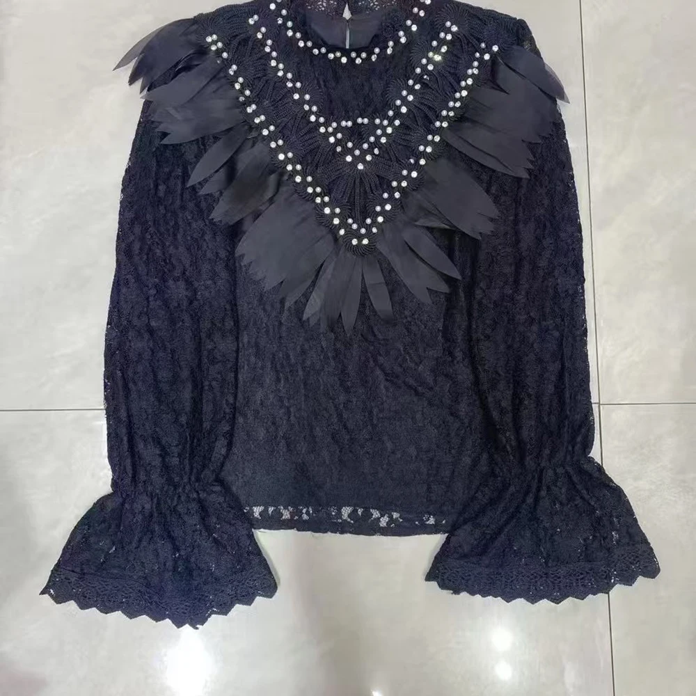 بلوزات TWOTWINSTYLE متينة من الدانتيل والماس للنساء برقبة دائرية وأكمام طويلة قمصان ربيعية أنيقة طراز أنثى KBL553148 #5