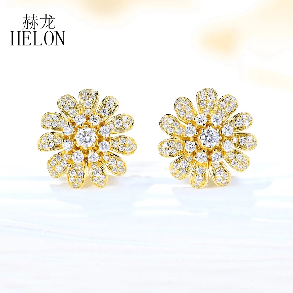 HELON Solid 14K Yellow Gold 0.5ct Natural Diamonds Stud Earrings Women's Daisy Series Exquisite Flower Real Diamond Fine Jewelry