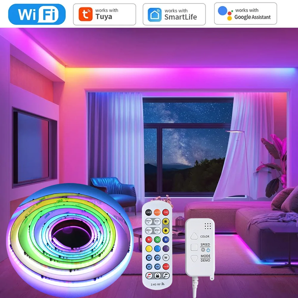 

Tuya WiFi COB RGBIC LED Strip 12V 5m Music Sync Dream Color WS2811 Addressable Party Light RF Remote Control f Alexa Google Home