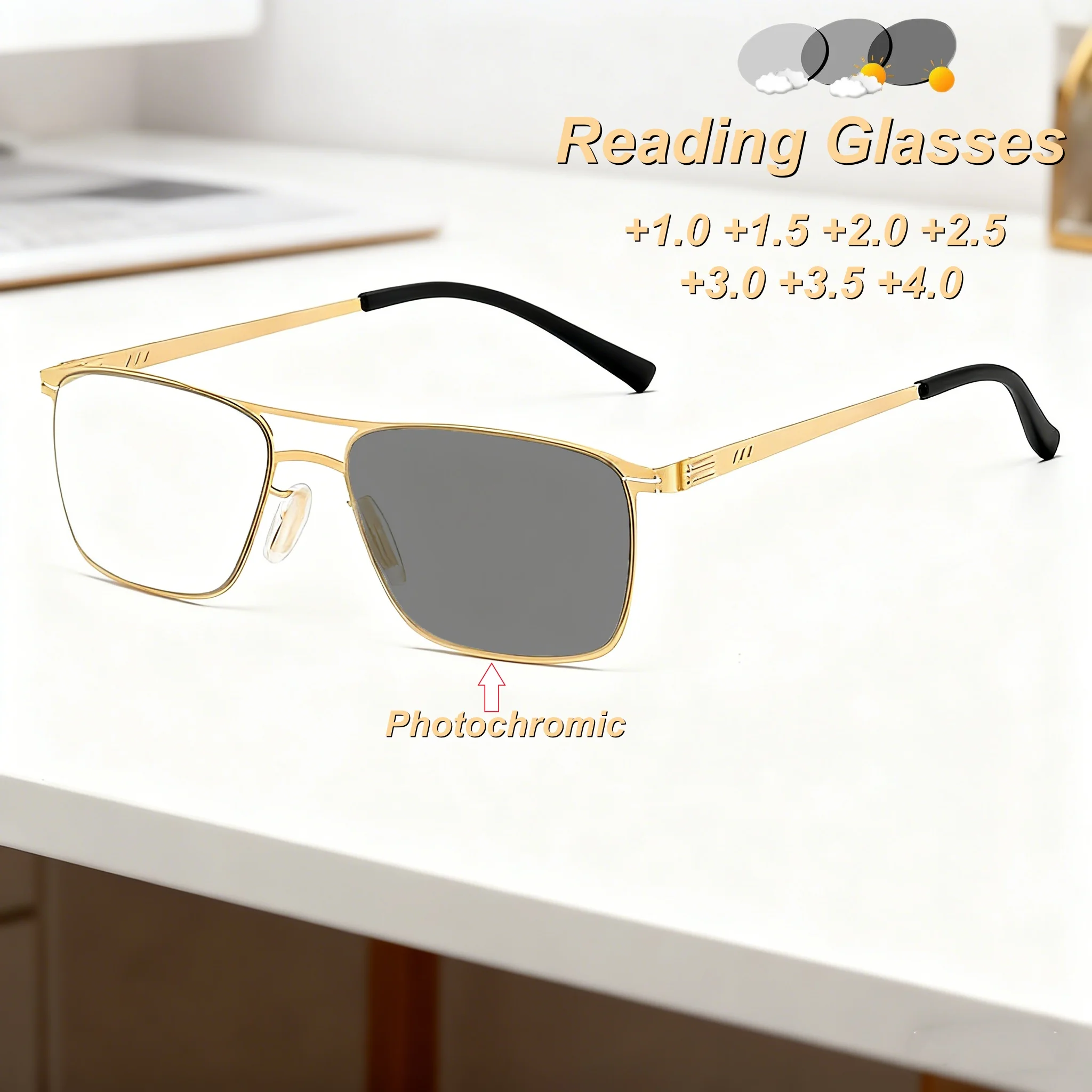 

Retro Double Beam Metal Frame Photochromic Women's Reading Glasses Ultra Light Neutral High Quality Anti Blue Light Glasses