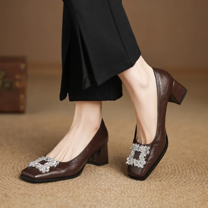 

Сандалии с пряжкой и кристаллами, однотонная женская обувь с квадратной головкой, весенняя повседневная модная обувь на толстом каблуке, на мягкой подошве, Zapatos Mujer