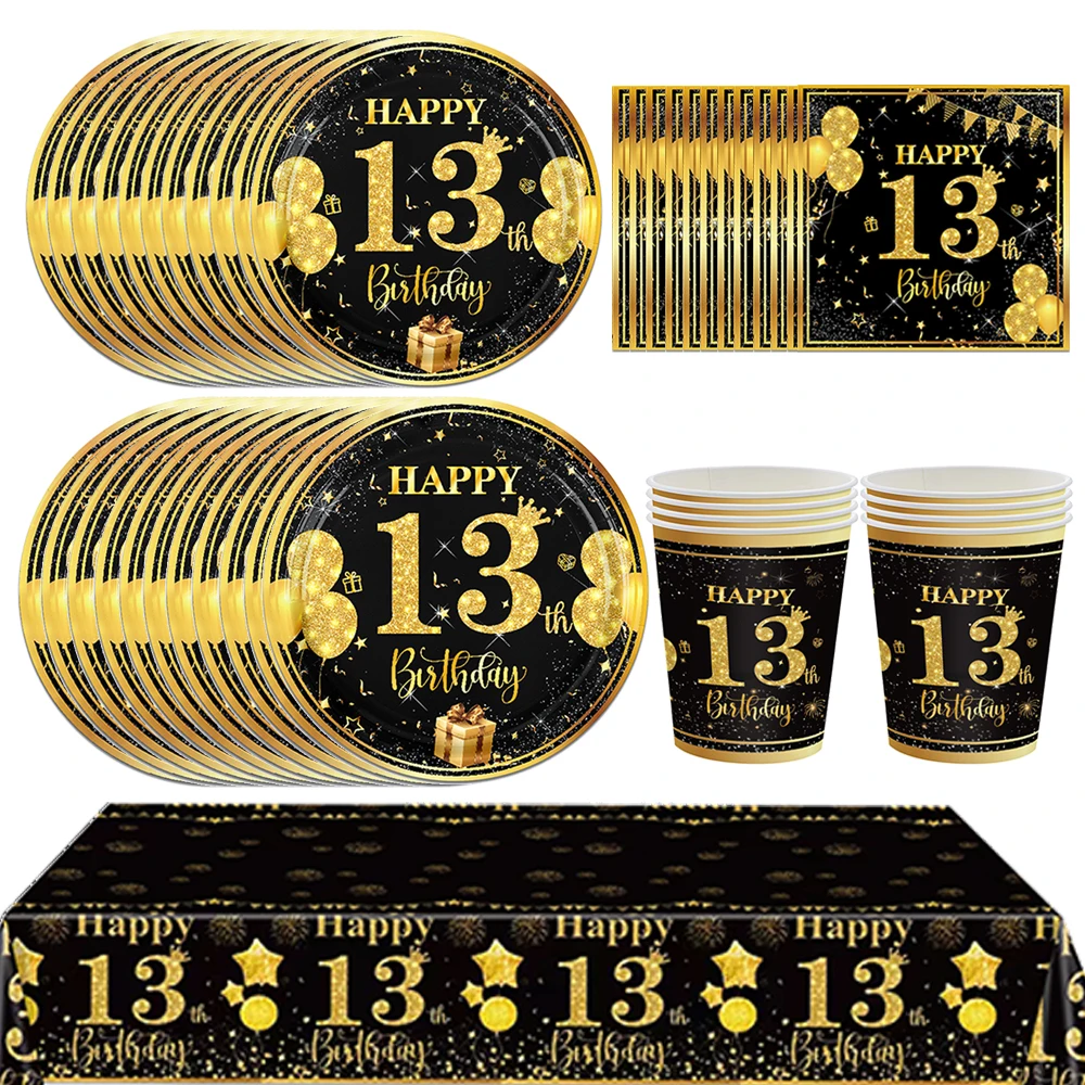 Dekore zum 13. Geburtstag für Jungen und Mädchen, 13 Jahre alt, Pappteller, Servietten, Tassen, Geburtstagszubehör, Schwarzgold, Geschirr für die 13. Party – Detail 1