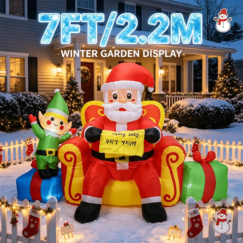 7FT Christmas Inflatable Toy LED Light Up Santa on Throne with Elf Wish List Inflatable Yard Decor Outdoor Lawn Xmas Decoration view 3