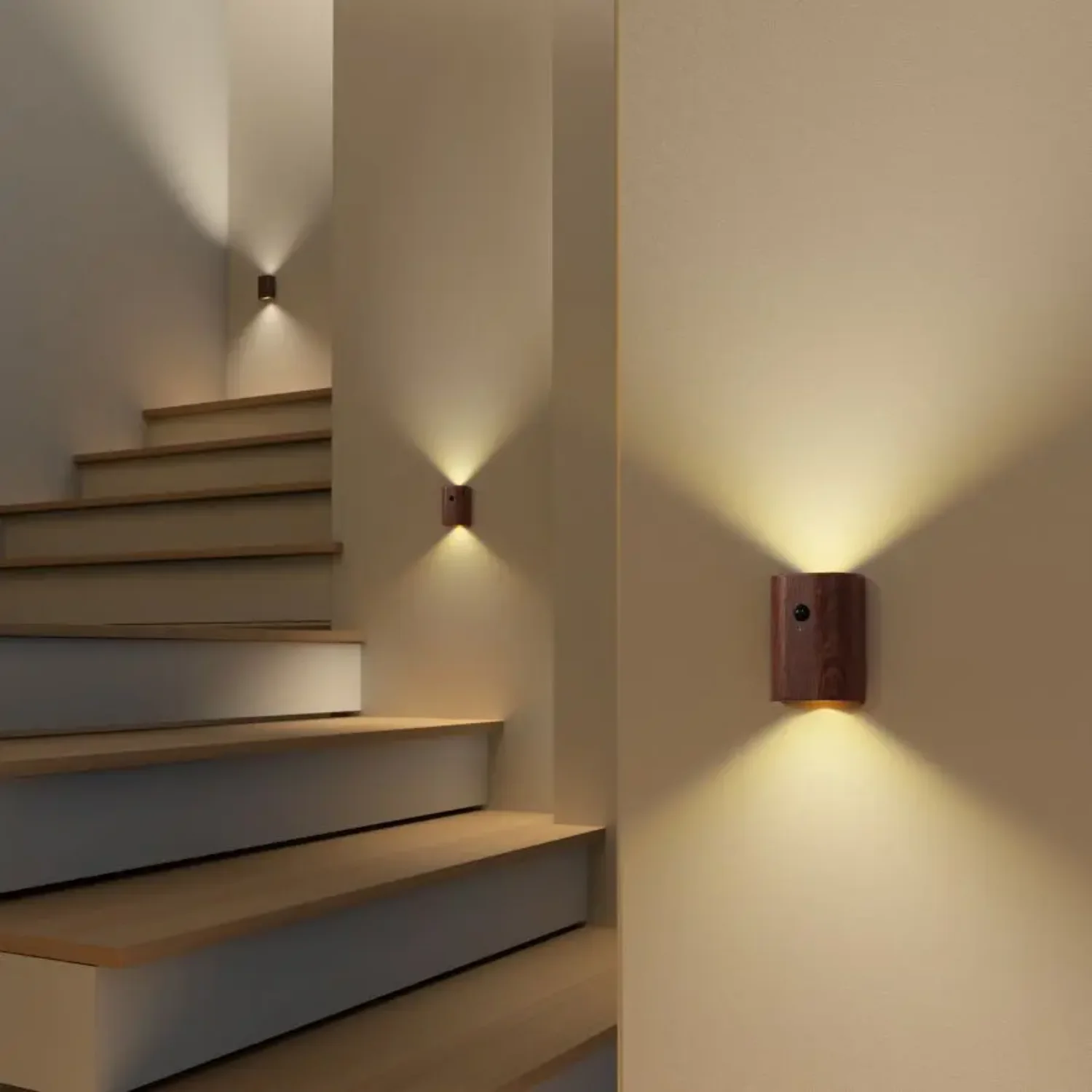 Collegamento Sensore di movimento in legno Luci notturne Lampada da parete a induzione a LED wireless ricaricabile USB Camera da letto Cucina Corridoio Luce per scale