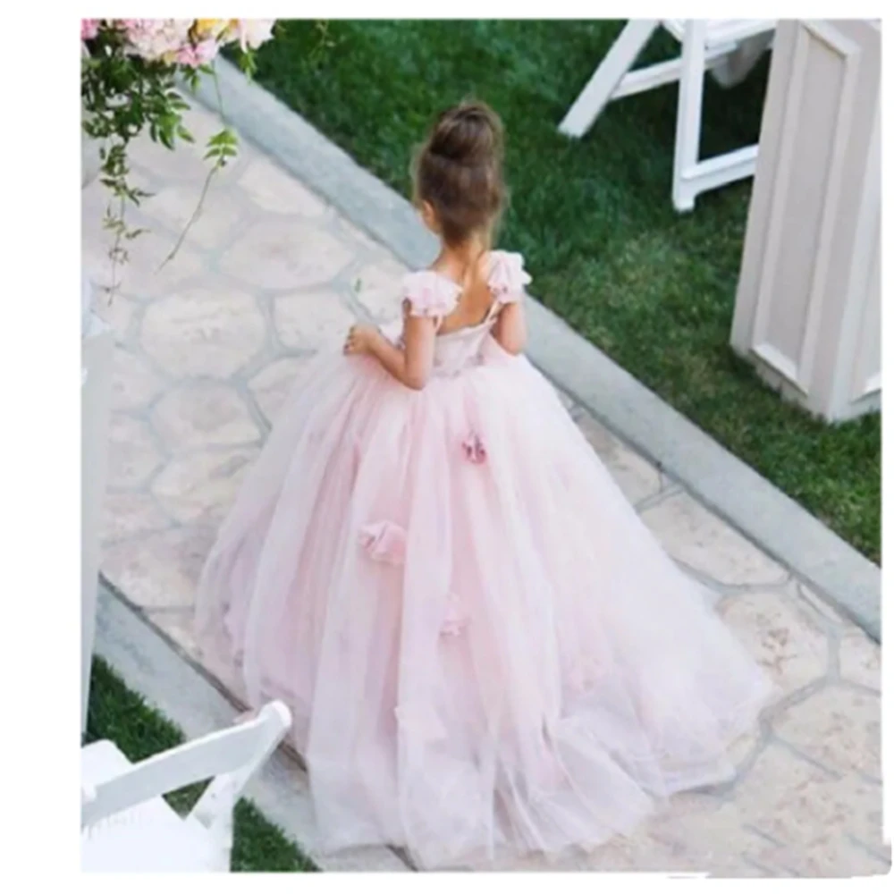 

Flower Girl Dresses Princess Pink Lace Applique 2023 Big Floor Length Pageant Dresses First Communion Birthday Celebration