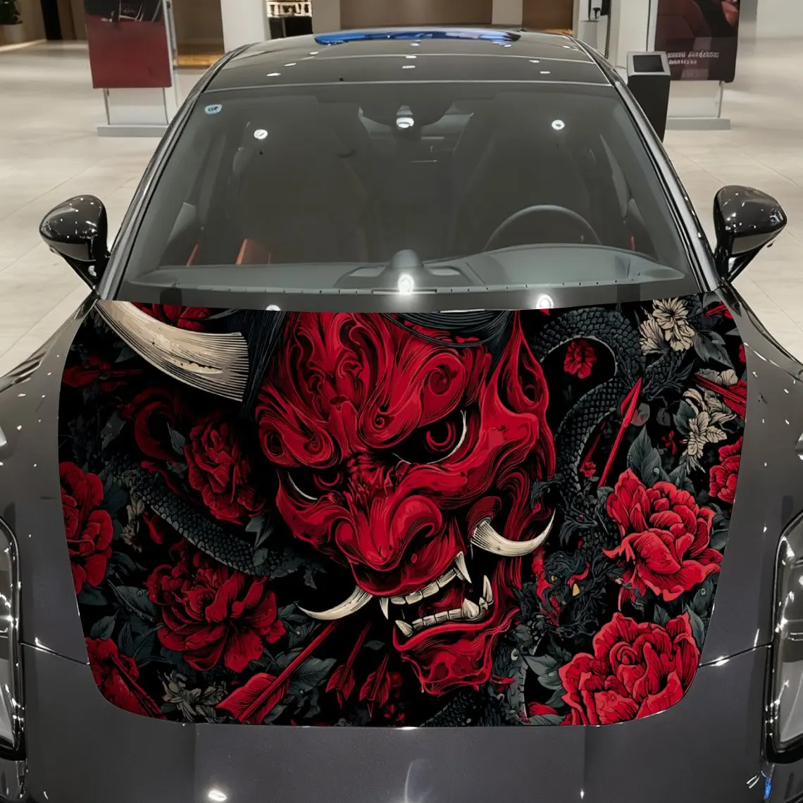 

Red Oni, Peony and Snake Pattern Car Vinyl Wrap, PVC Material Waterproof Car Hood Sticker, Self-Adhesive Scratch-Resistant Stick