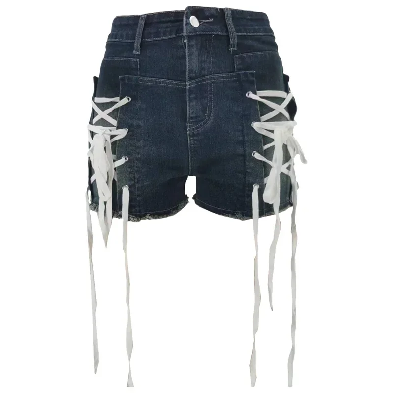 Shorts jeans com cordões personalizados para mulheres, moda casual, mini jeans, calças 3/4, ajuste justo, ultracortos, moda feminina, novo