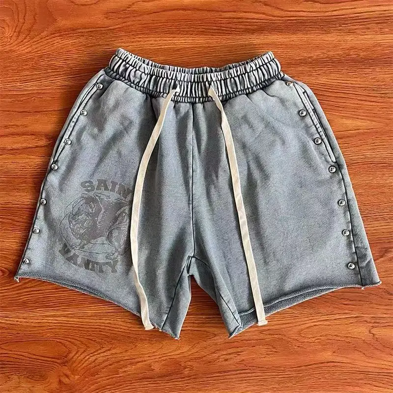 SAINT Shorts Men Women High Street Summer Wash Water Make Old Rivets Casual Sports Shorts Y2k