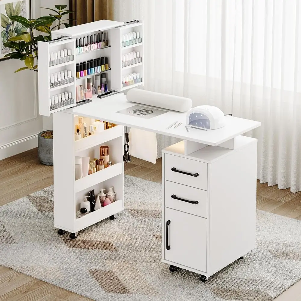 LED-Illuminated Manicure Table with Polish Storage, Dust Collector, Wrist Support, Lockable Casters - White