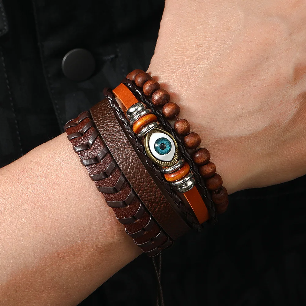 4 Pcs/Set Trendy Evil Eyes Bead Punk Men Bracelet Handmade Braid Leather Strap Vintage Bracelet Man Jewelry