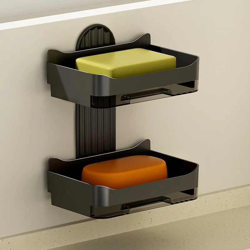 Wall Mounted Bathroom Soap Holder With Storage Hooks Free Punching Double Drainage Soap Dish Sponge Organizer Practical Bathroom