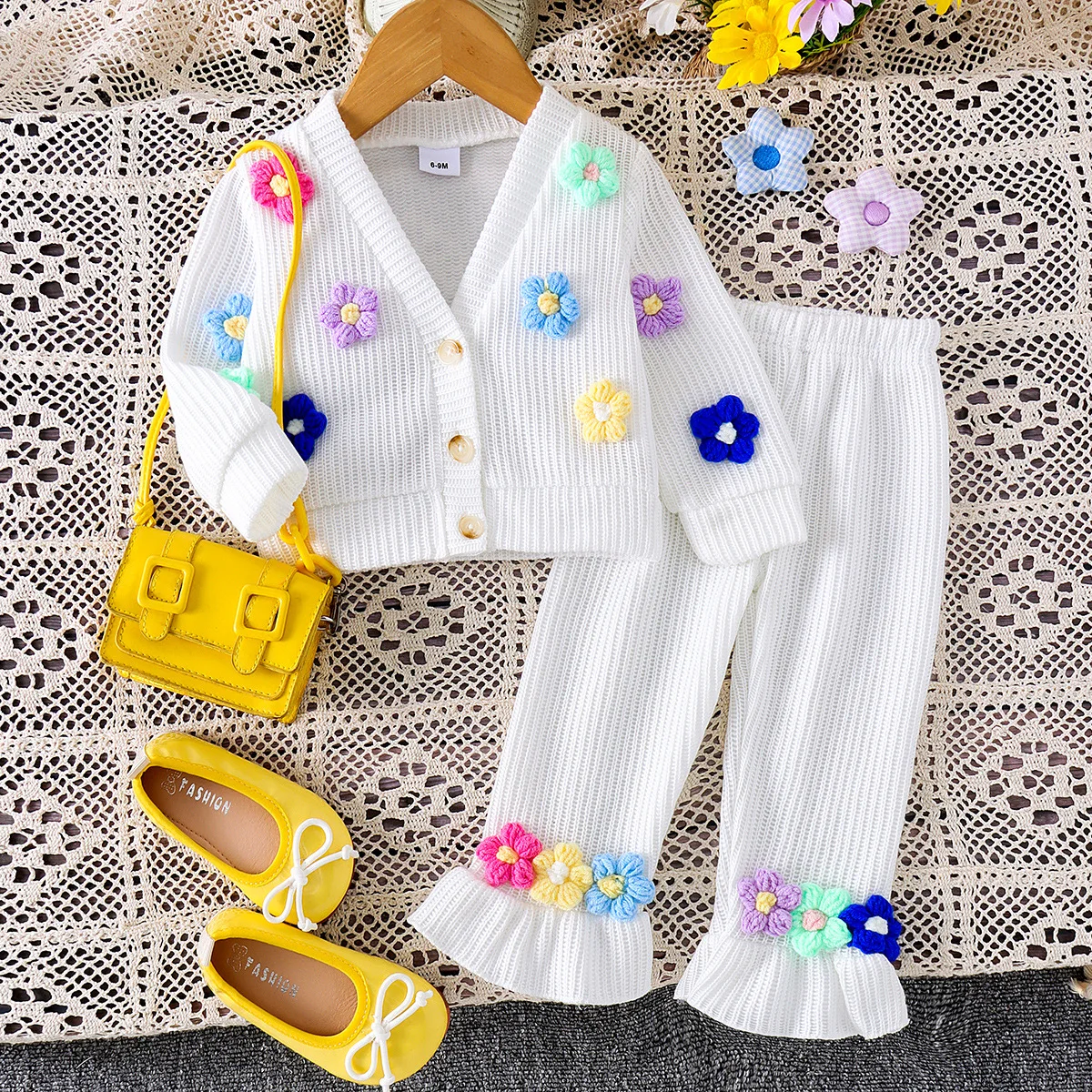 Europe and America 2026 Spring Autumn New Girls Set Knitted Three-dimensional Flower Top Pants Two Piece Set