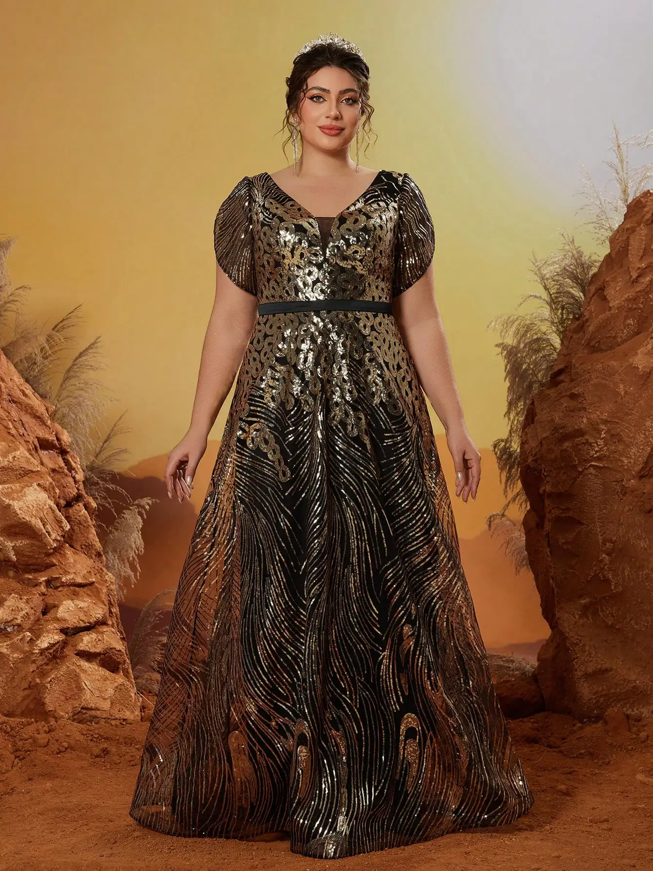 Mgiacy New Arrival V neck Fancy Evening dress Sequin belt Overlay Long dress
