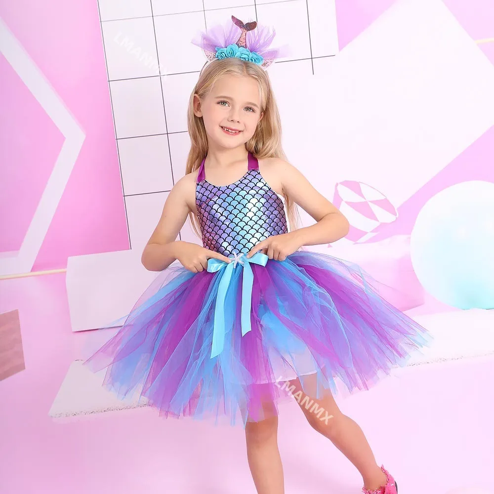 Nuevo vestido de princesa sirena europeo y americano, cosplay para niños, vestido Ariel, vestido de tutú de baile de maquillaje para niñas