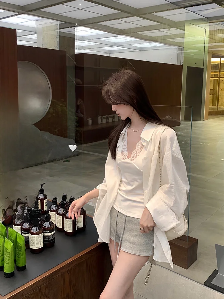 

Белый свободный женский корейский топ с v-образным вырезом и шикарным утягивающим топом от Sister, повседневный хлопковый длинный све средней длины, чистый цвет