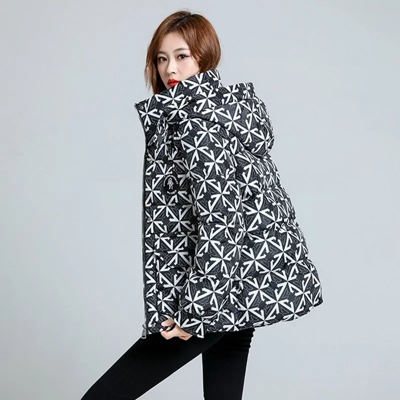 Autumn Winter Down Cotton Jacket Women 2023 New Fashion Loose Thicken Warm Coat Hooded Zipper Pocket Printing Outerwear Female