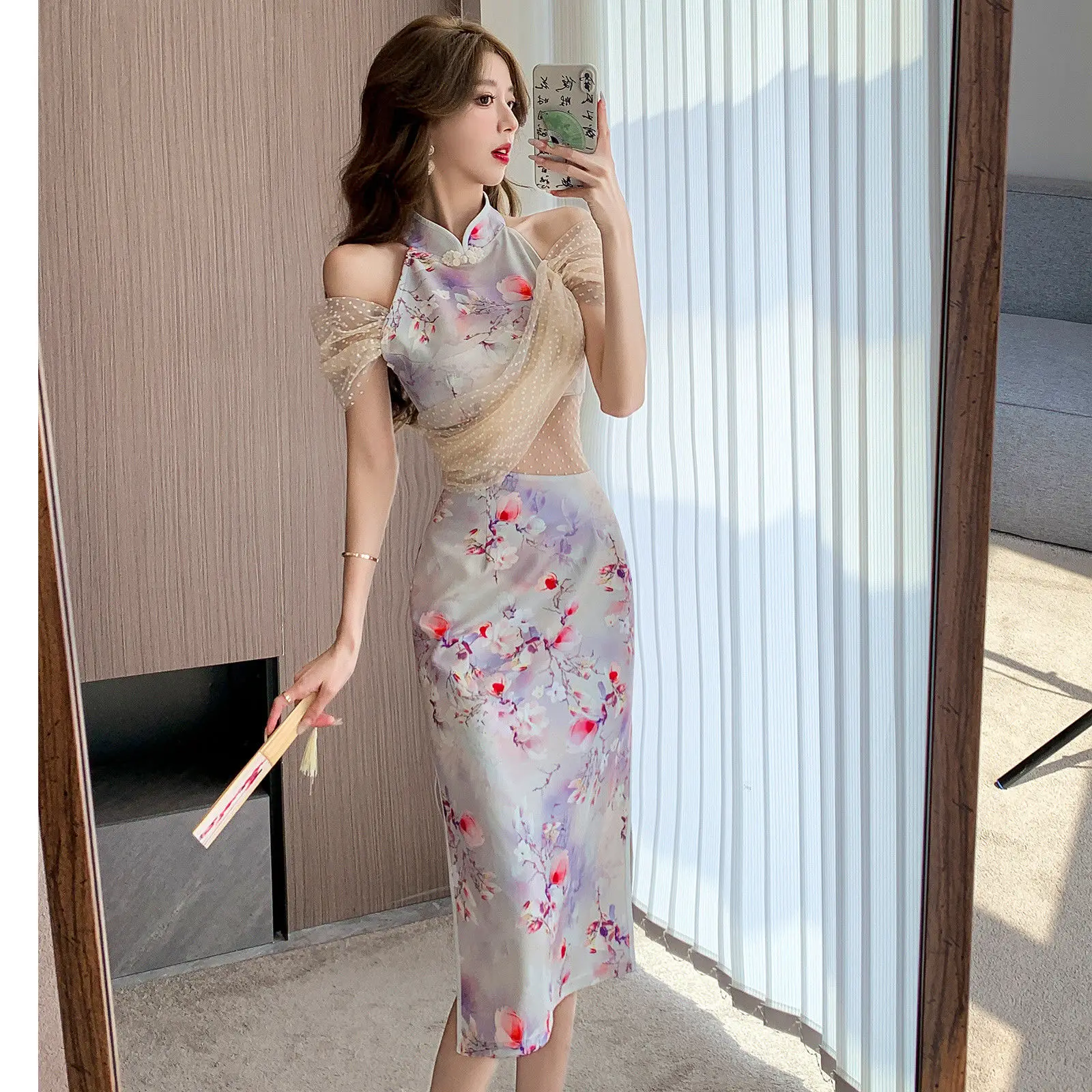 Light Luxury Sexy Dress Qipao Socialite Temperament Dress Dress Slim Waist Short Sleeve off-shoulder Stitching Package Buttocks