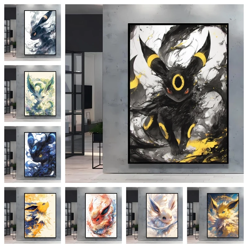 Настенное искусство серии Pokemon Eevee Уникальные декоративные картины в стиле чернил Высококачественный холст Добавить прикосновение в фэнтези к вашему дому