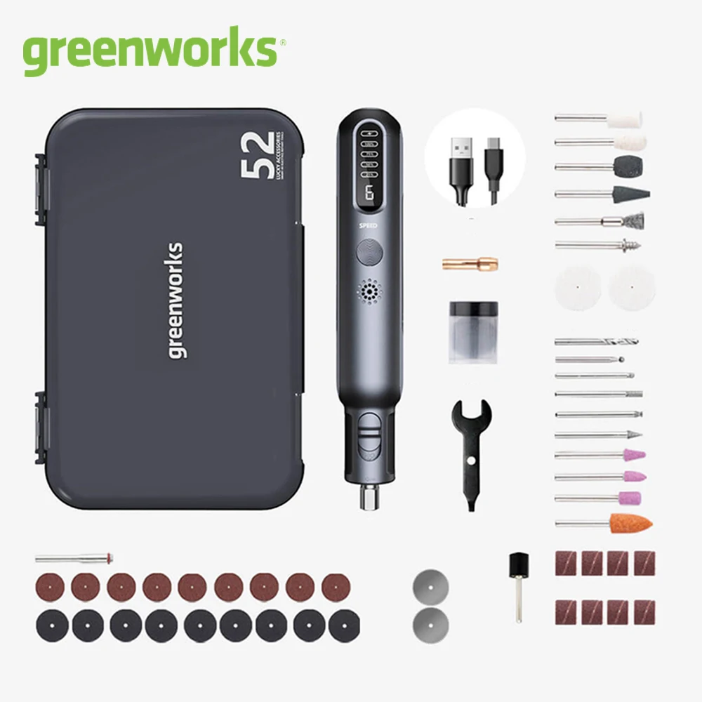 

Greenworks USB Chargering Mini Grinder Cordless 80W 52pcs Grinder Rotary Tools for Grinding Cutting Wood Carving and Sanding