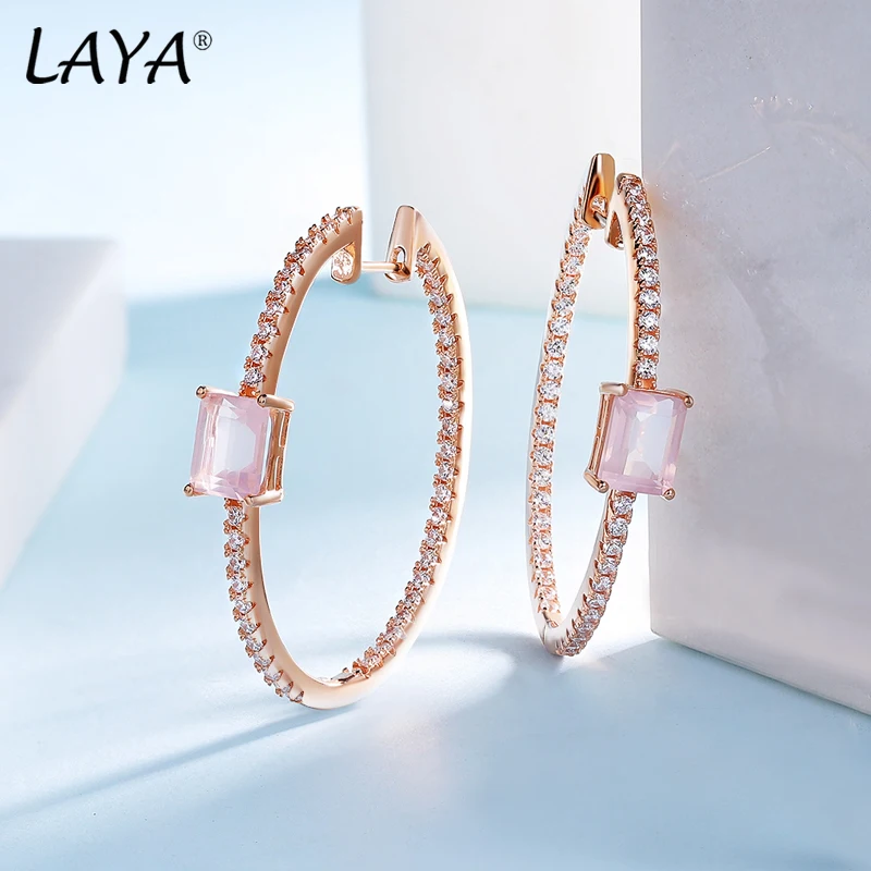 

LAYA Romantic Natural Rose Quartz Real 925 Sterling Silver Statement Earrings Fine Jewelry Earrings for Women Wedding Party