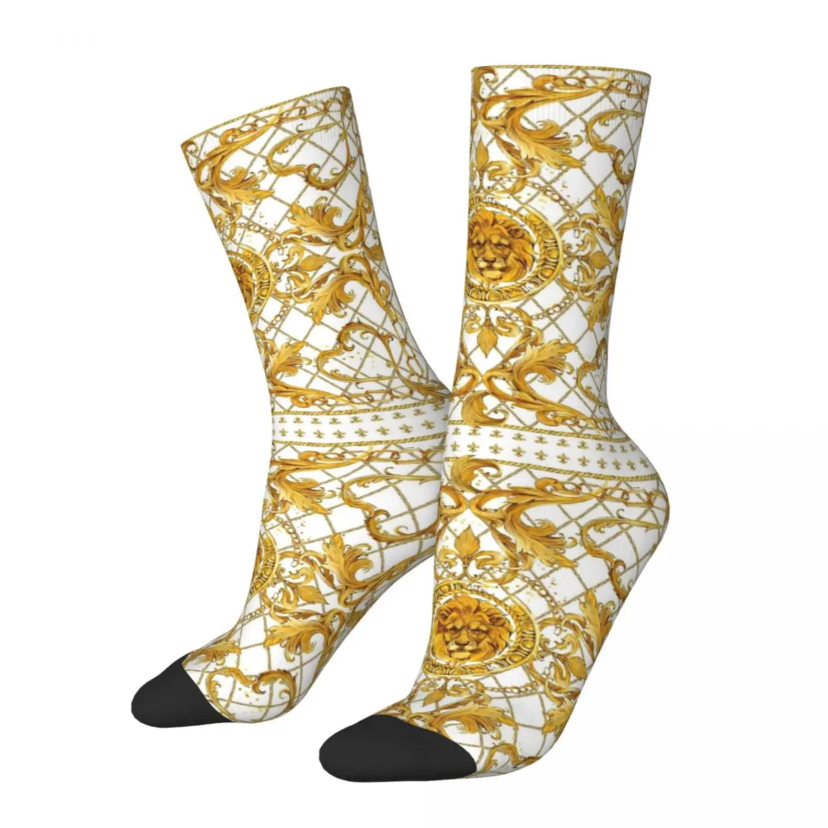 Hip-hop Golden Lion And Damask Basketball Socks Baroque Polyester Middle Tube Socks for Women Men Breathable