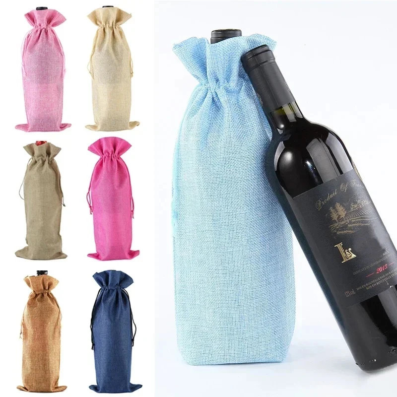 1PCS Champagne Pouch Linen Wine Bottle Bags With Drawstring Wine Bag Holder Wedding Party Decoration Wine Bags Gift