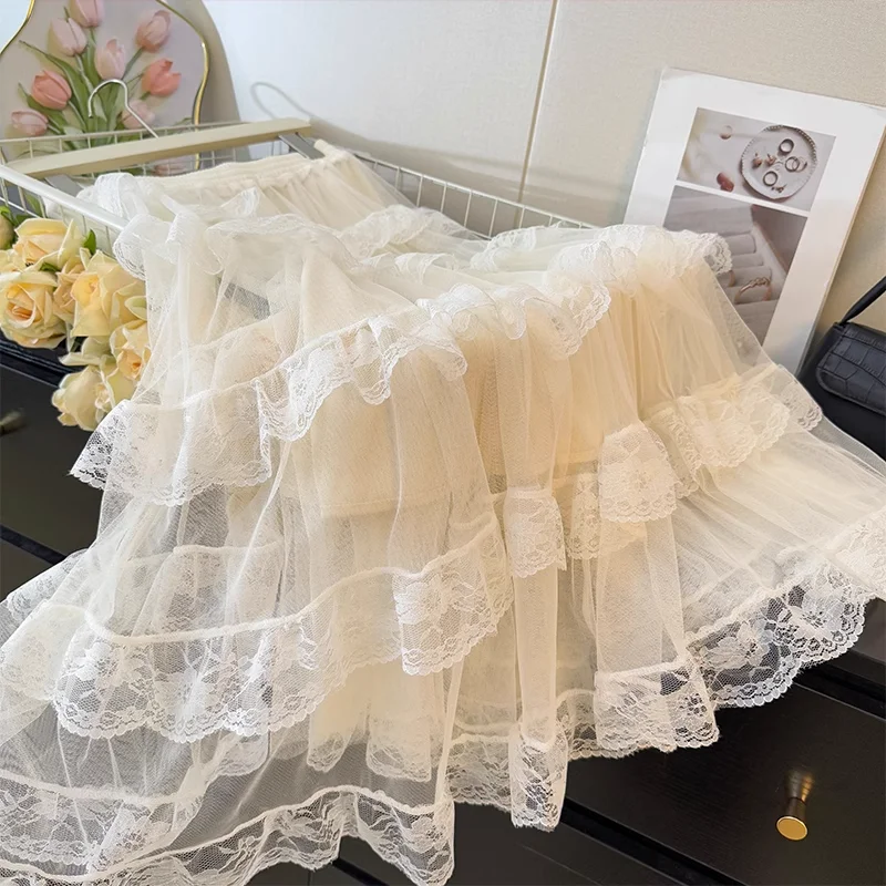 Fairy Lace Spliced Mesh Layered Cake Skirt Women 2025 Spring High Waist Folds A-line Long Skirts Sweet Beach Clothing