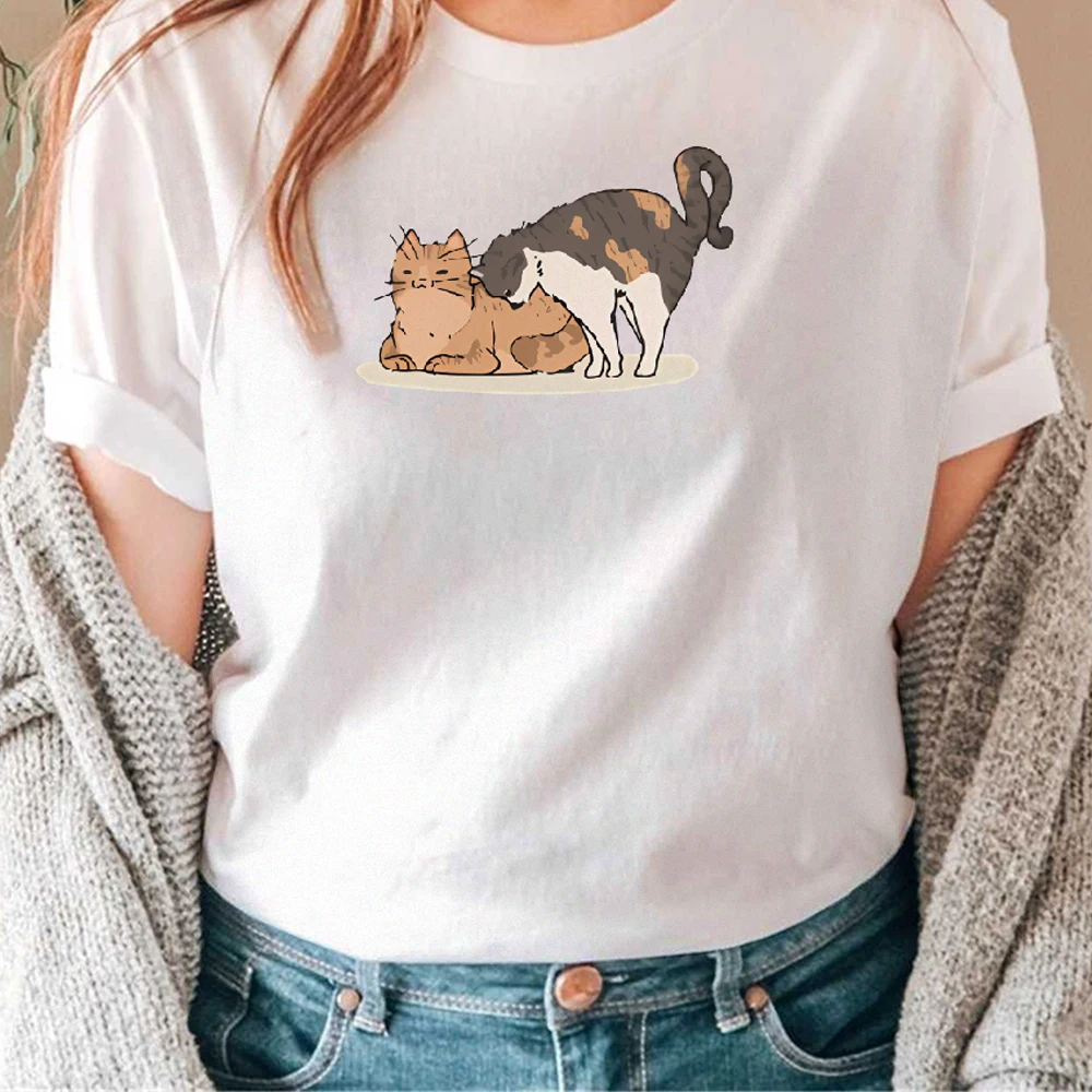

Cotton Casual Women‘s T - Shirt Cute Cat Interaction Pattern Crew Neck Short Sleeve T - Shirt Adorable Kitten Graphic Tee