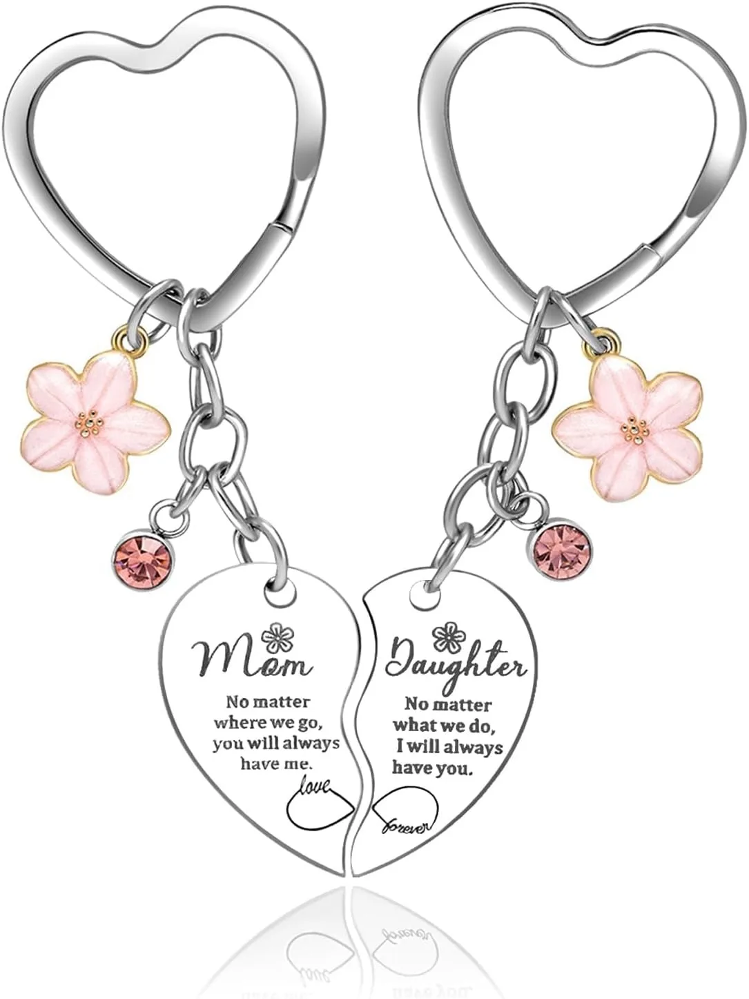 Gifts for Mom Daughter 2 Pcs Pink Flower Rhinestone Charm Mother&Daughter Heart Matching Keychain Backpack Purse Keychain Christmas Birthday Gifts