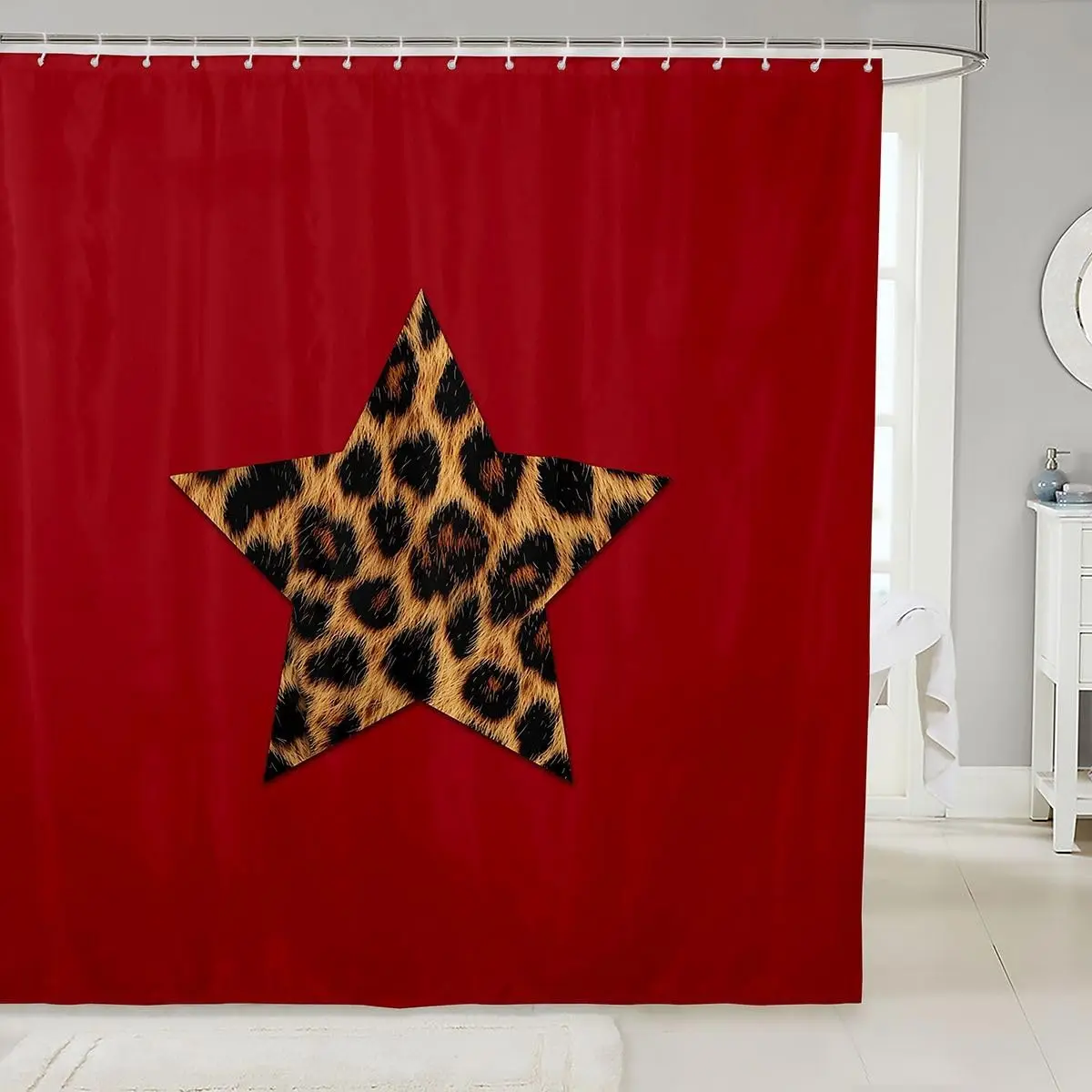 Trendy Stars Print Shower Curtain Leopard Printed Fabric Shower Curtain,180x180cm,Red Cheetah Bathroom Shower Curtain