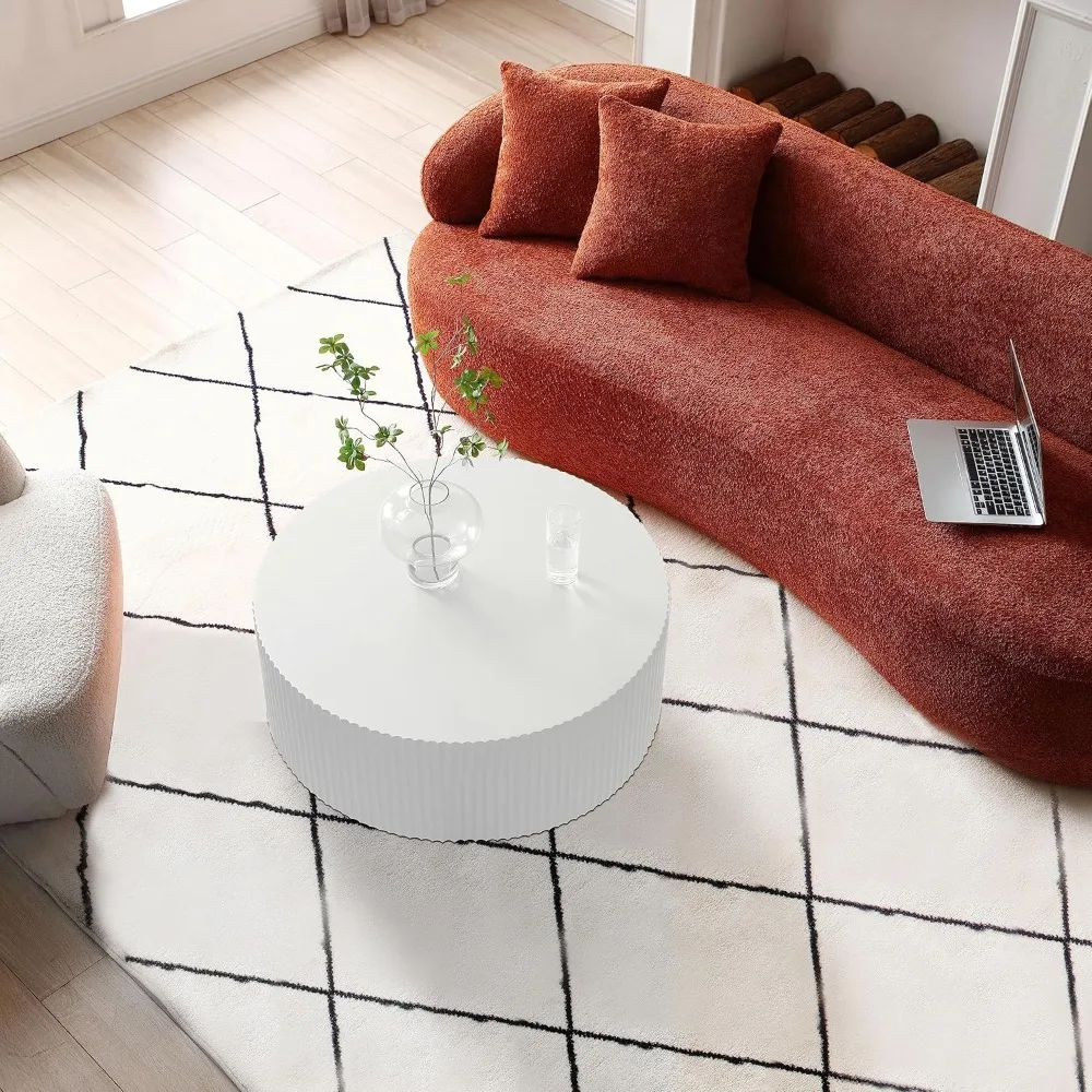 طاولة قهوة مستديرة بيضاء حديثة وبسيطة مقاس 35.43 بوصة مع تصميم مريح لغرفة المعيشة