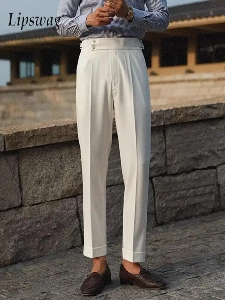 Naples Trousers Men Vintage Pleated Design Slim Straight Pants 2026 Spring Summer Casual Solid Color High Waist Belt-up Bottoms