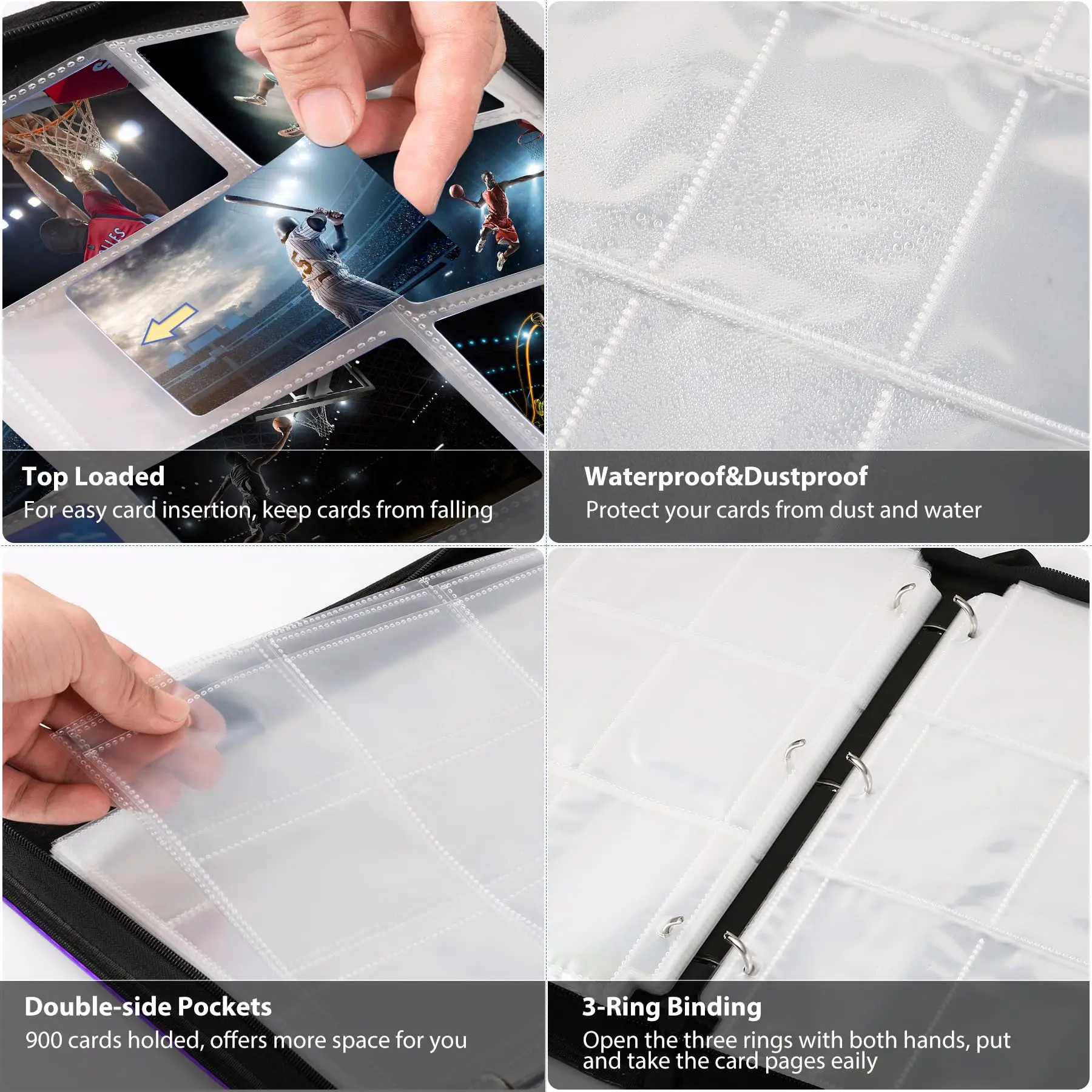 900 Double Sided 9 Pocket Collector Trading Card Binder 50 Removable Sleeves with Zipper PU Leather Cover Card Collection Album