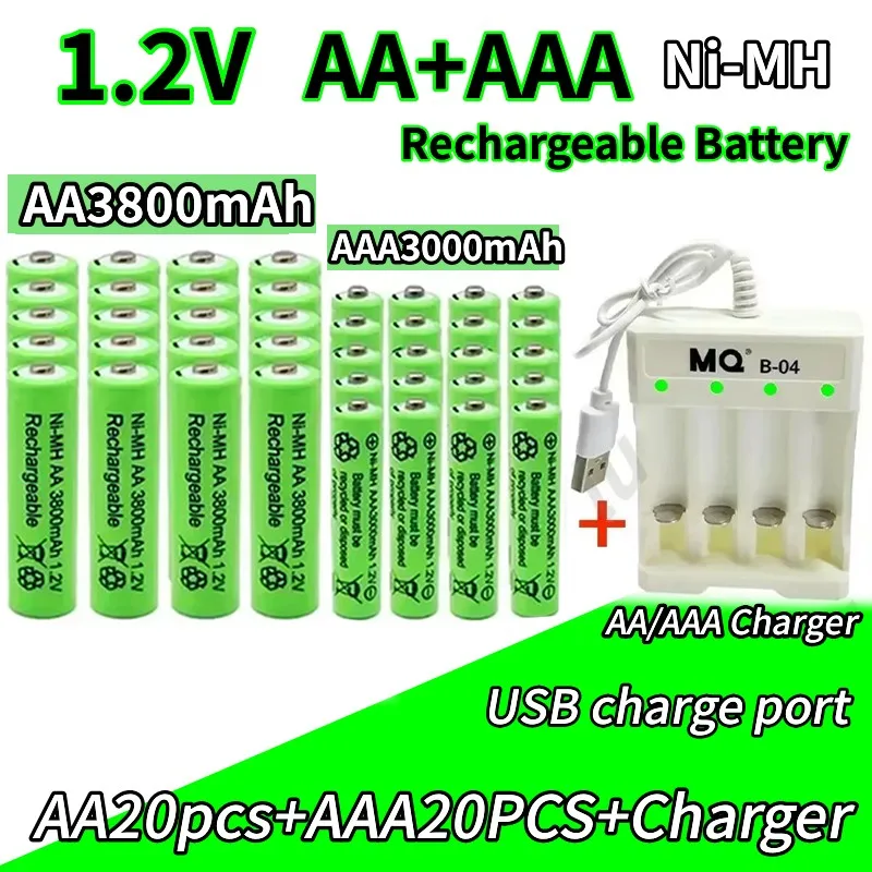 AA+AAA Battery New 1.2V Rechargeable Battery AA3800MAH AAA3000MAH with Charger for LED Flashlight Flashlightorelectronicdevices