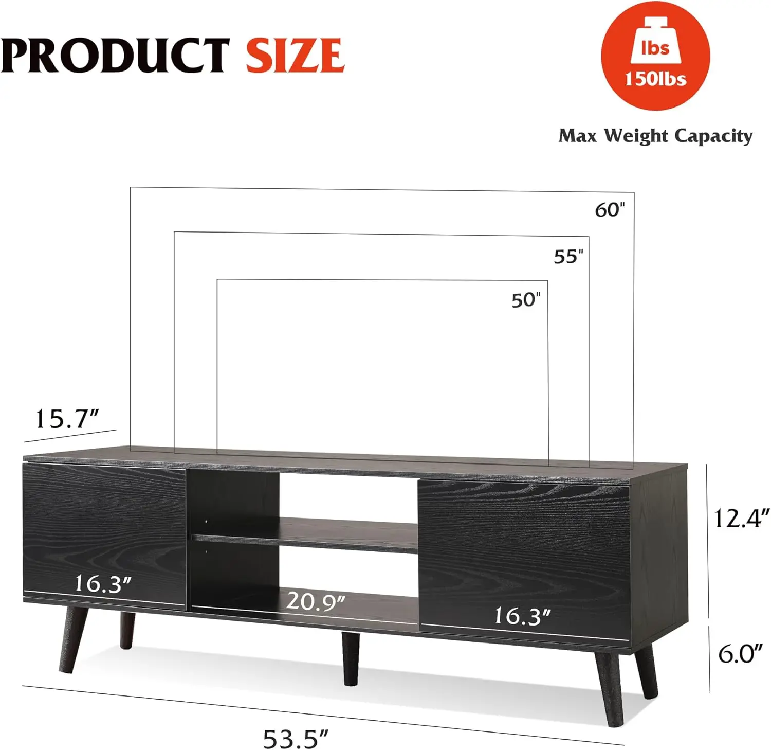 Black TV Stand para Centro de Entretenimento, Armários De Armazenamento, Console Rústico para Decoração De Sala De Estar, TV 55 60"