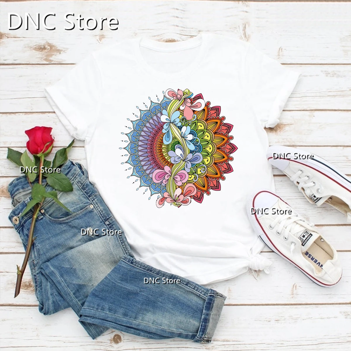 

New T-Shirt Women Watercolor Mandala Graphic Print Tshirt Fashion Harajuku Women'S O-Neck Shirt Summer Femme Tshirt Streetwear