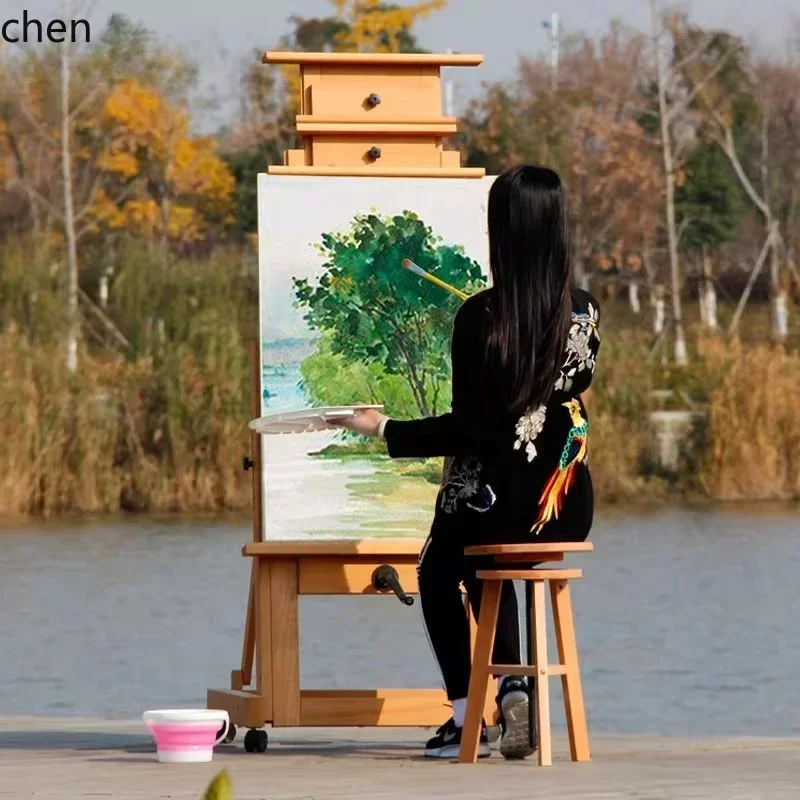 DSASolid Wood Easel Beech Wood  Adjustable Mobile Sketching Chinese Painting Exhibition Stand  Floor Hand-Cranked  Set