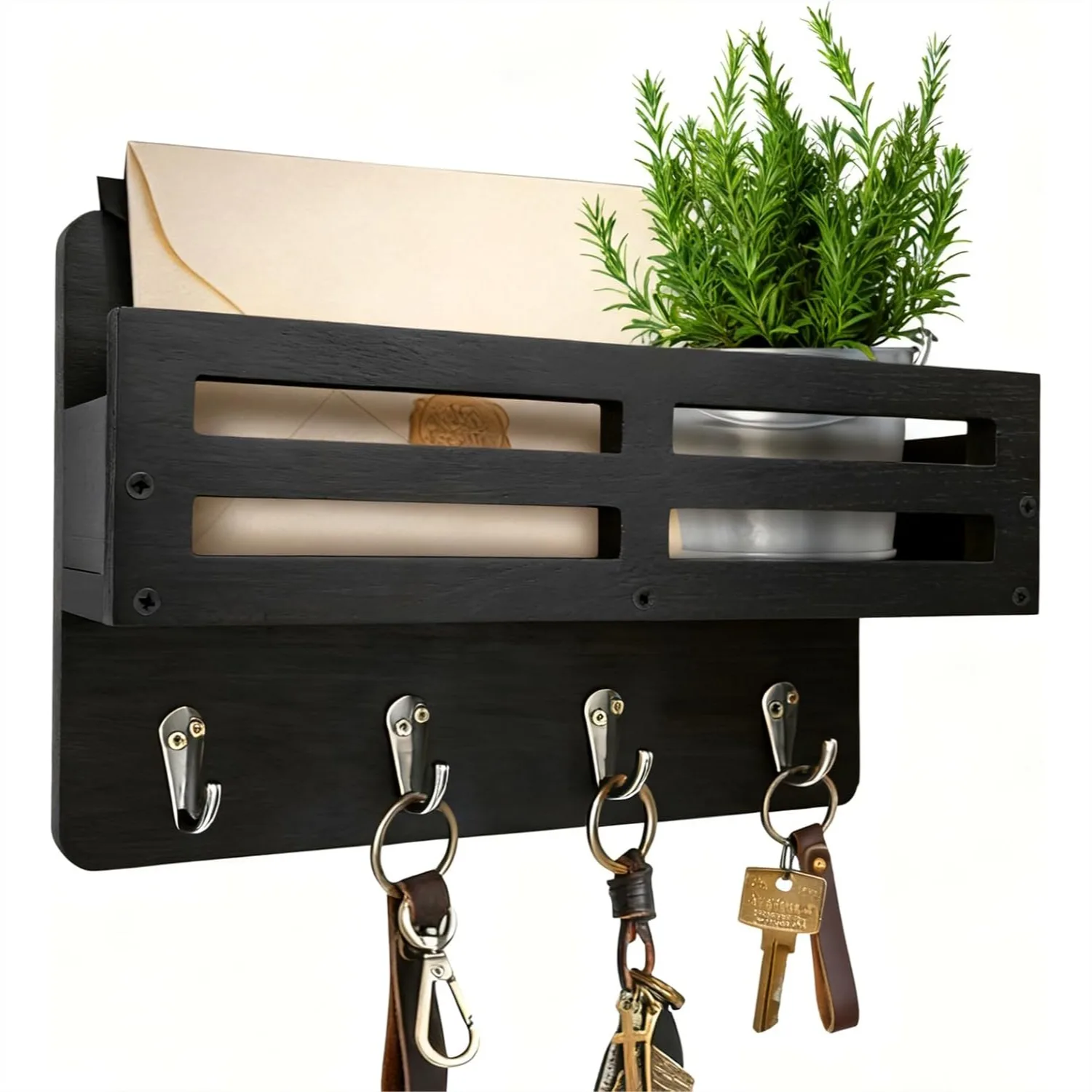 

10 Inch Key Holder Wall Mount, Rustic Wooden Key Rack with Mail Organizer and 4 Hooks, Entryway Key Hanger for Hanging Dog Leash Sunglasses, Black
