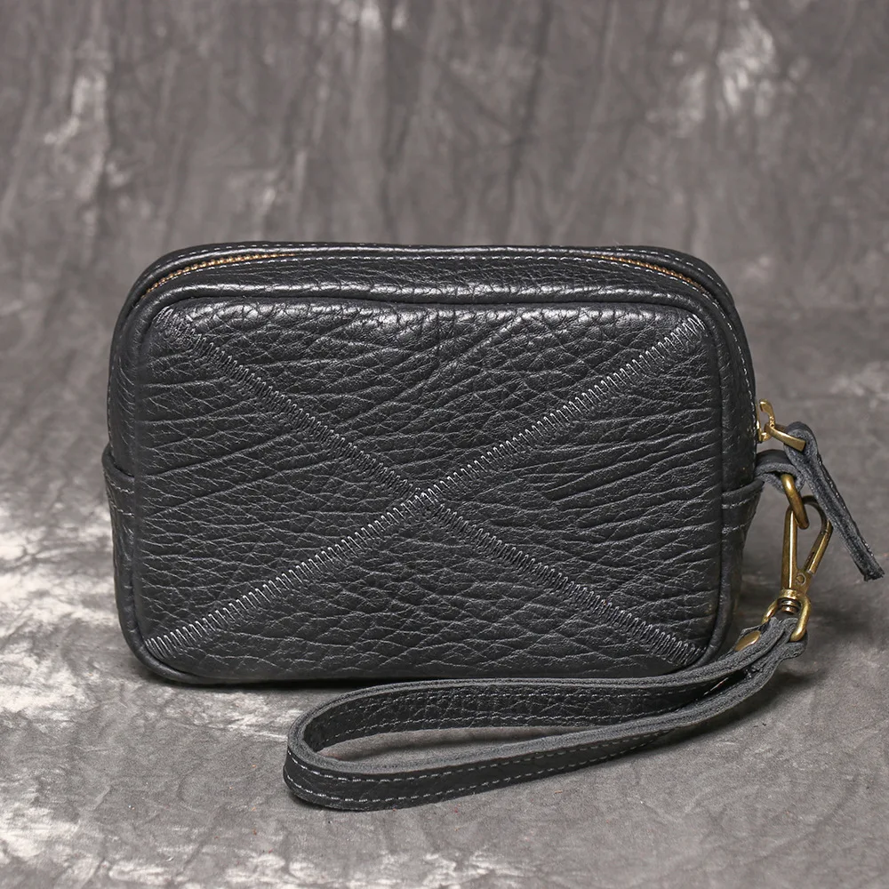 Men's New Top Grain Leather Handheld Clutch | Vintage Small Square Phone Pouch | Fashion Versatile Purse with Bell Decoration