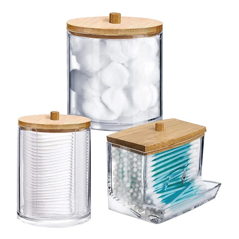 

Clear Plastic Swab Dispenser And Qtip Holder For Bathroom - Storage Canister For Bath Salts, Rounds, Acrylic+Wood