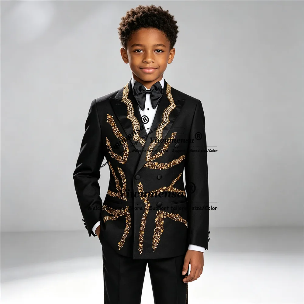 Brilliant Boy's Suits 2 Pieces Sets Gold Crystals Beading Prom Blazers Customized Double Breasted Children Wedding Tuxedos 2027