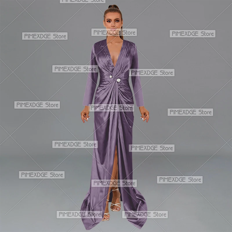 V-neck Long Sleeve Floor-Length Dresses for Party Vacation Ball Cocktail Party Formal Evening Gowns