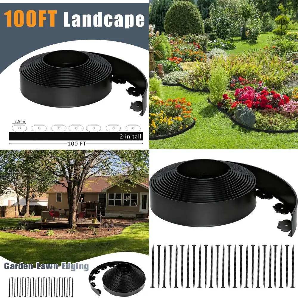 

100ft Black Plastic Landscape Edging with 150 Anchor Spikes for Lawns, Flower Beds, and Trees