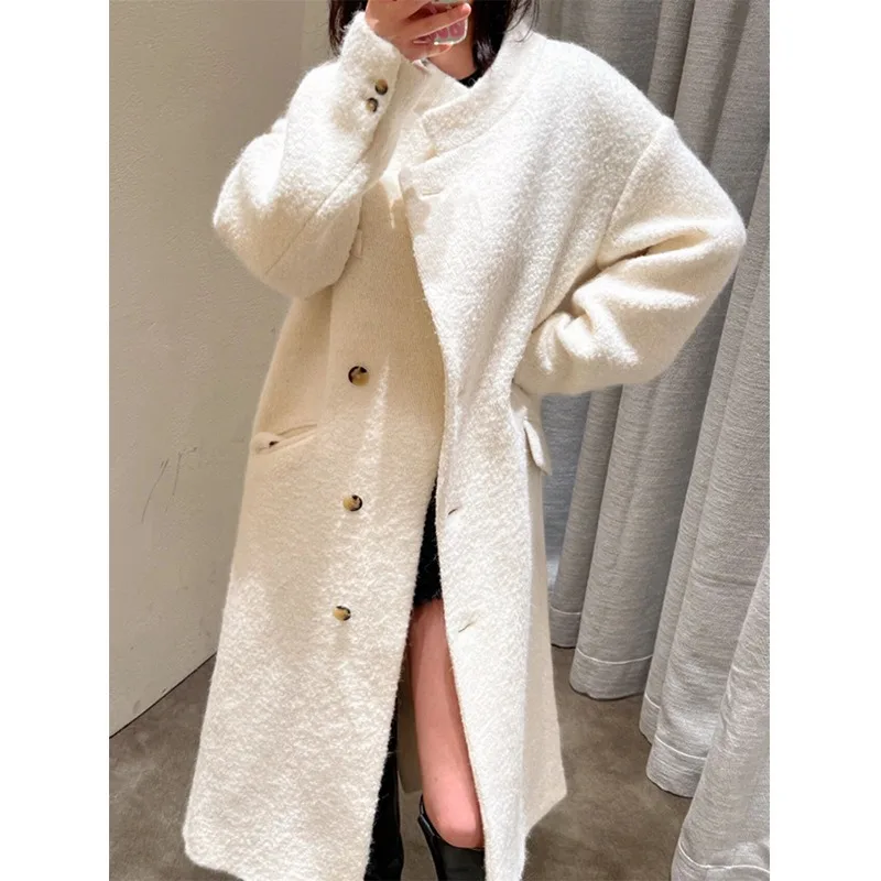 

Autumn and Winter Modern and Elegant Alpaca Blend Diagonal Single-breasted Off-shoulder Silhouette Loose Long Woolen Coat